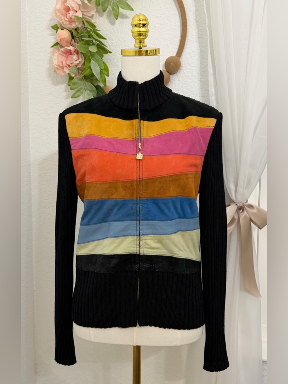ST JOHN Lamb Suede Leather And Wool Sequin Striped Jacket Women Size M Full Zip
